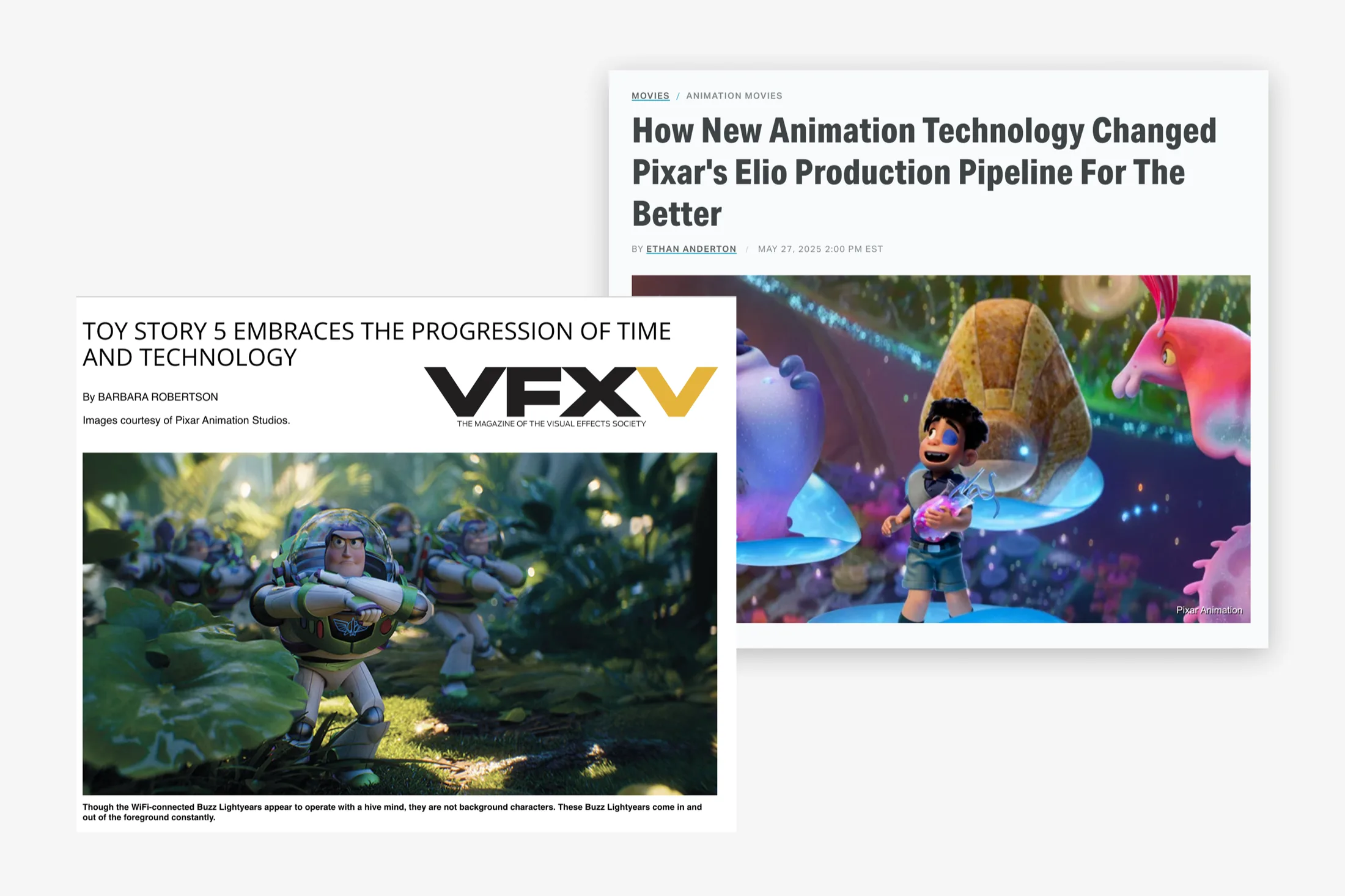 Press coverage of Toy Story 5 and Elio, made using Luna